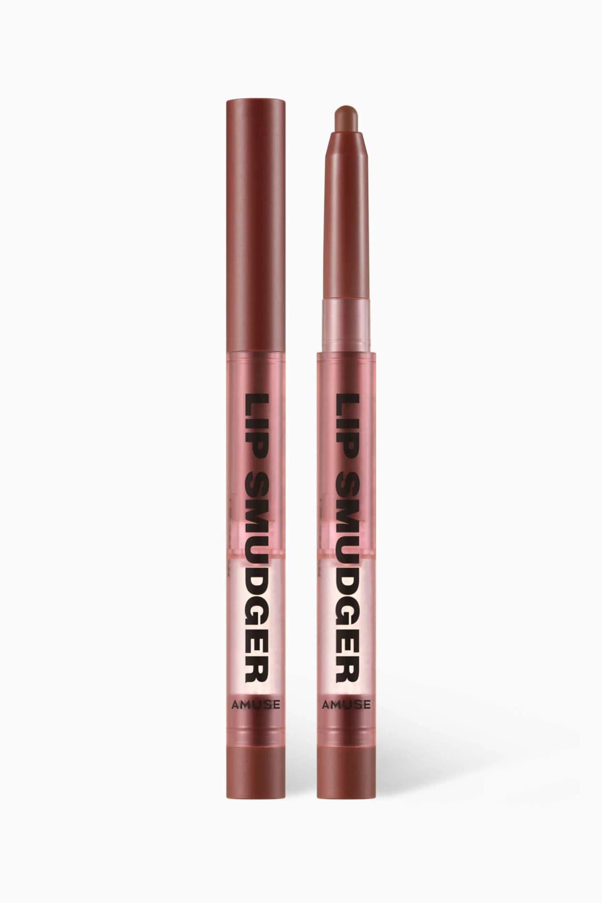 Two Choco Drizzle Lip Smudger pencils standing upright, one capped and one open showing the brown bullet tip