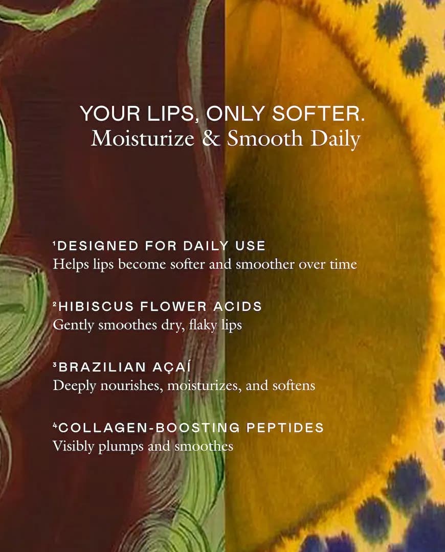 Ingredient panel on painted backdrop listing hibiscus flower acids, Brazilian açaí and collagen-boosting peptides