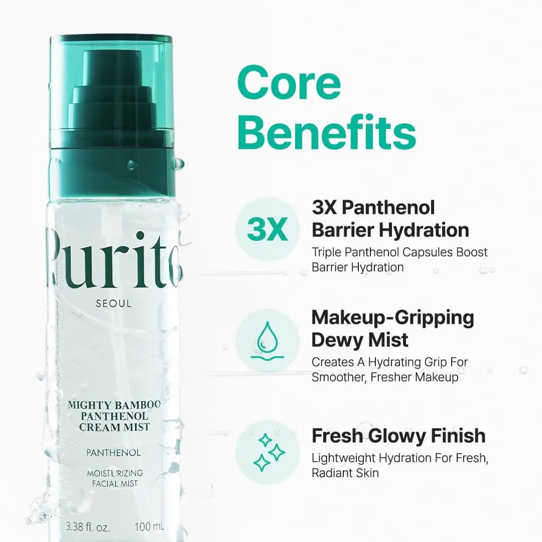 Core Benefits graphic beside the mist bottle: 3X panthenol hydration, makeup-gripping dewy mist, fresh glowy finish.