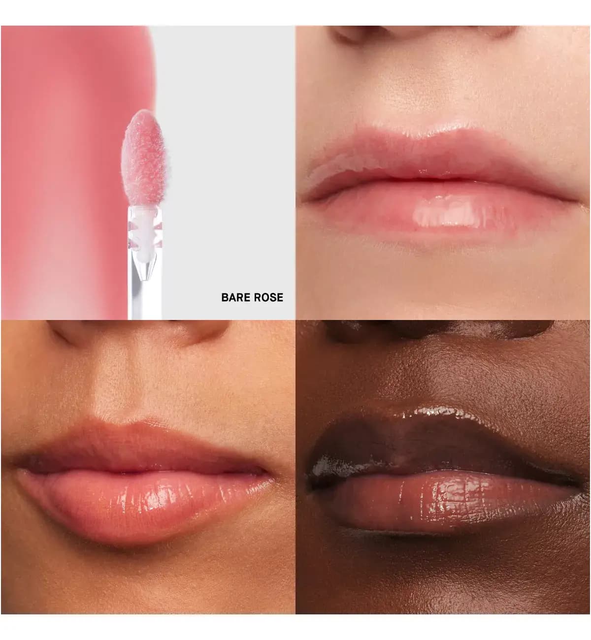 Bare Rose lip gloss doe-foot applicator and glossy sheer pink lips on three different skin tones
