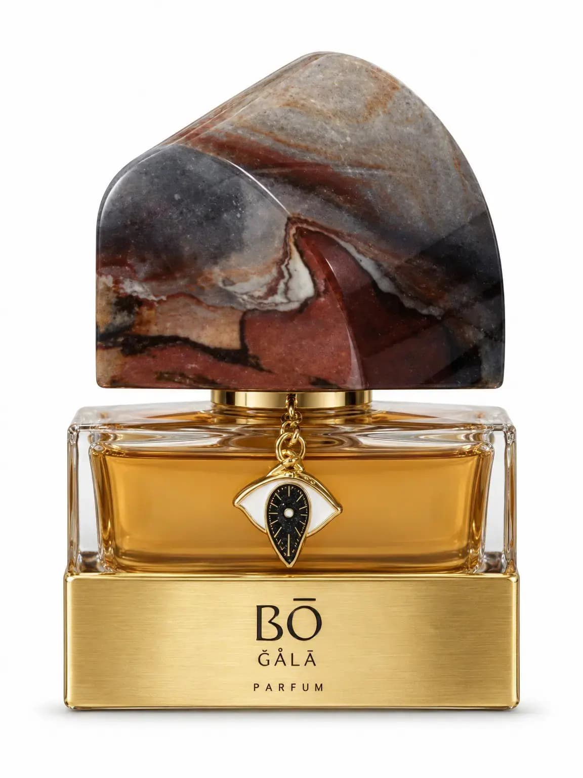Black Gala Parfum bottle with grey and rust-red jasper cap, black-and-white eye charm and brushed gold base