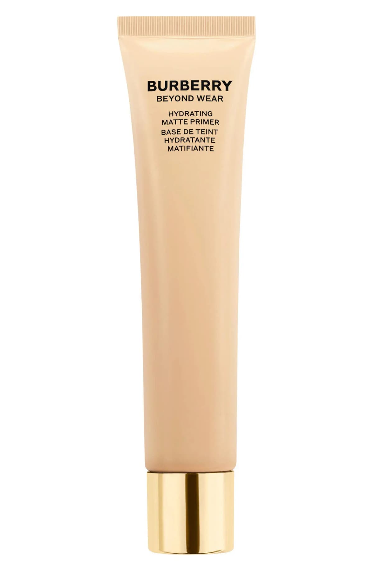 Upright Burberry Beyond Wear Hydrating Matte Primer tube with gold cap against white background