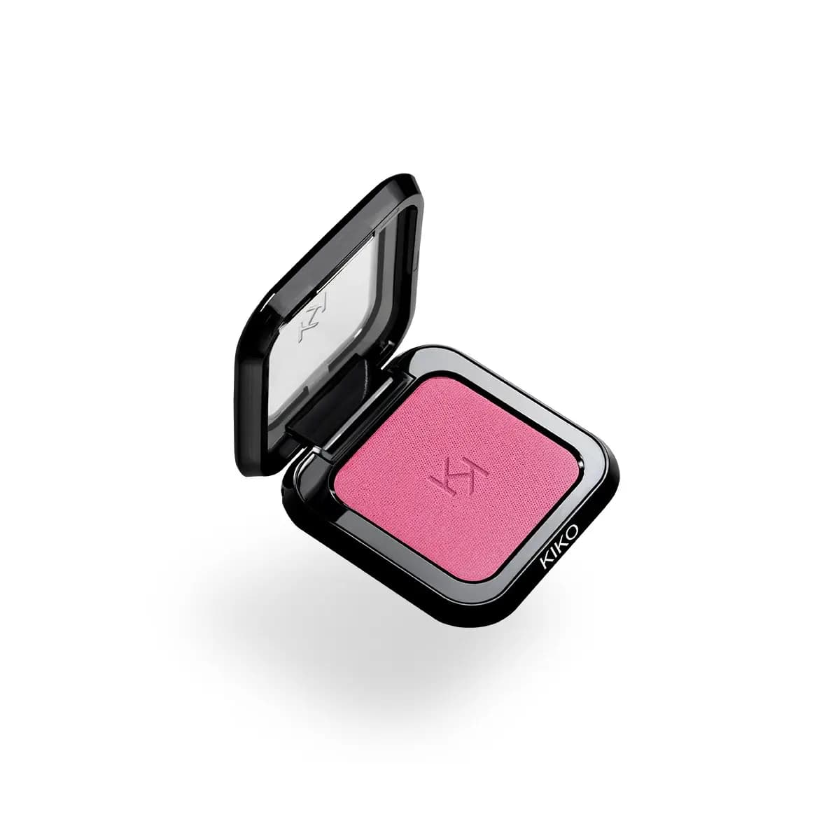 Open KIKO single eyeshadow compact in a bright matte raspberry pink shade, clear lid raised, on white background.