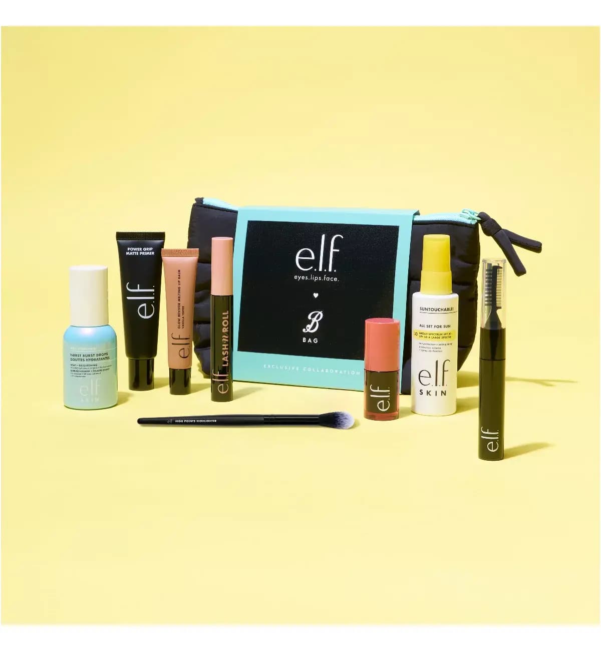 Boots x e.l.f. Beauty Icons Gift Set: eight e.l.f. products around a black quilted bag with teal sleeve on yellow backdrop
