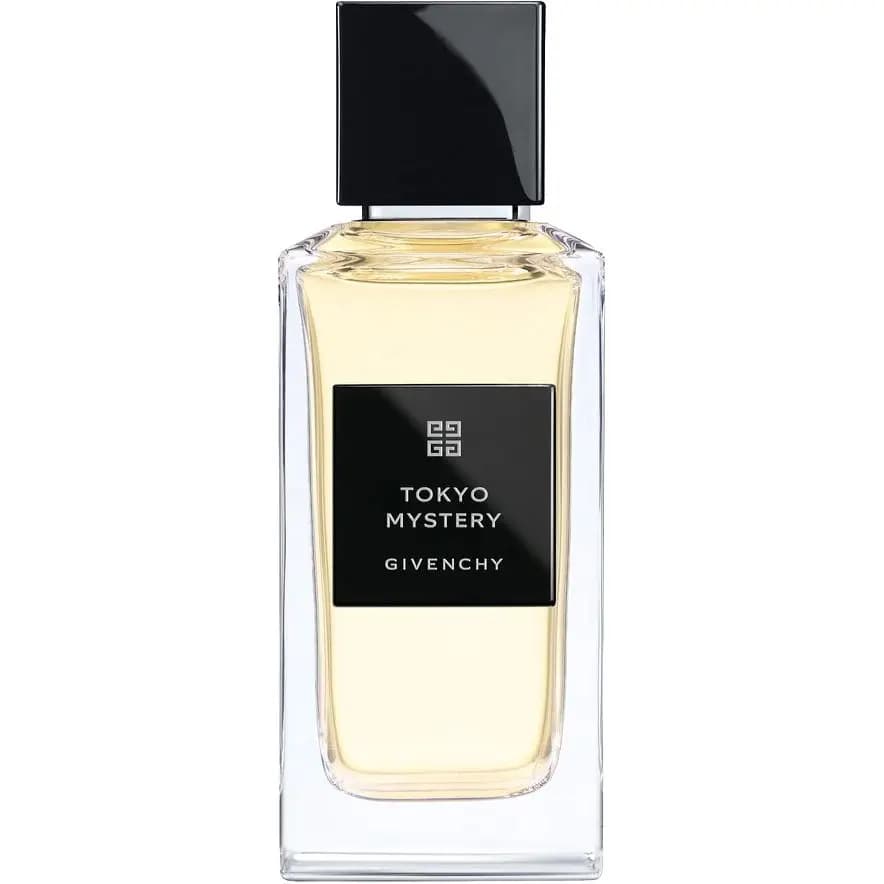 Clear rectangular bottle of pale yellow fragrance with glossy black cap and black Givenchy label on white background