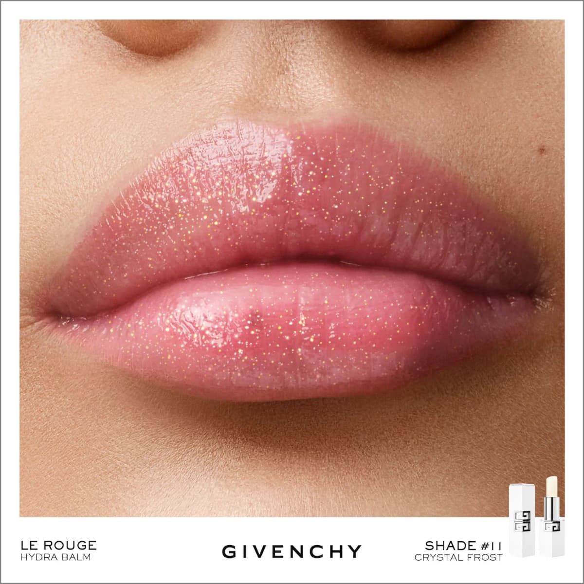 Le Rouge Hydra Balm in N°11 Crystal Frost on pink lips, a sheer glossy finish with gold and iridescent sparkles