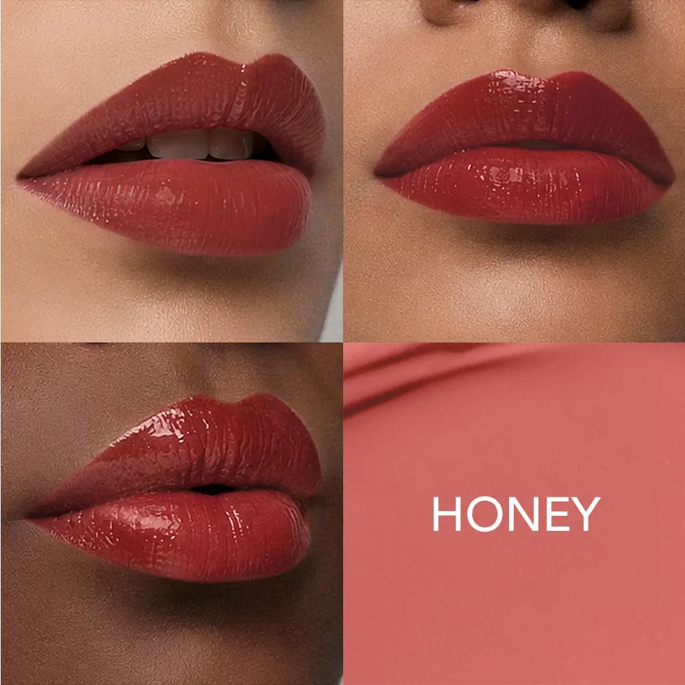 Honey, a muted brick-red gloss, shown on three skin tones beside a flat colour swatch