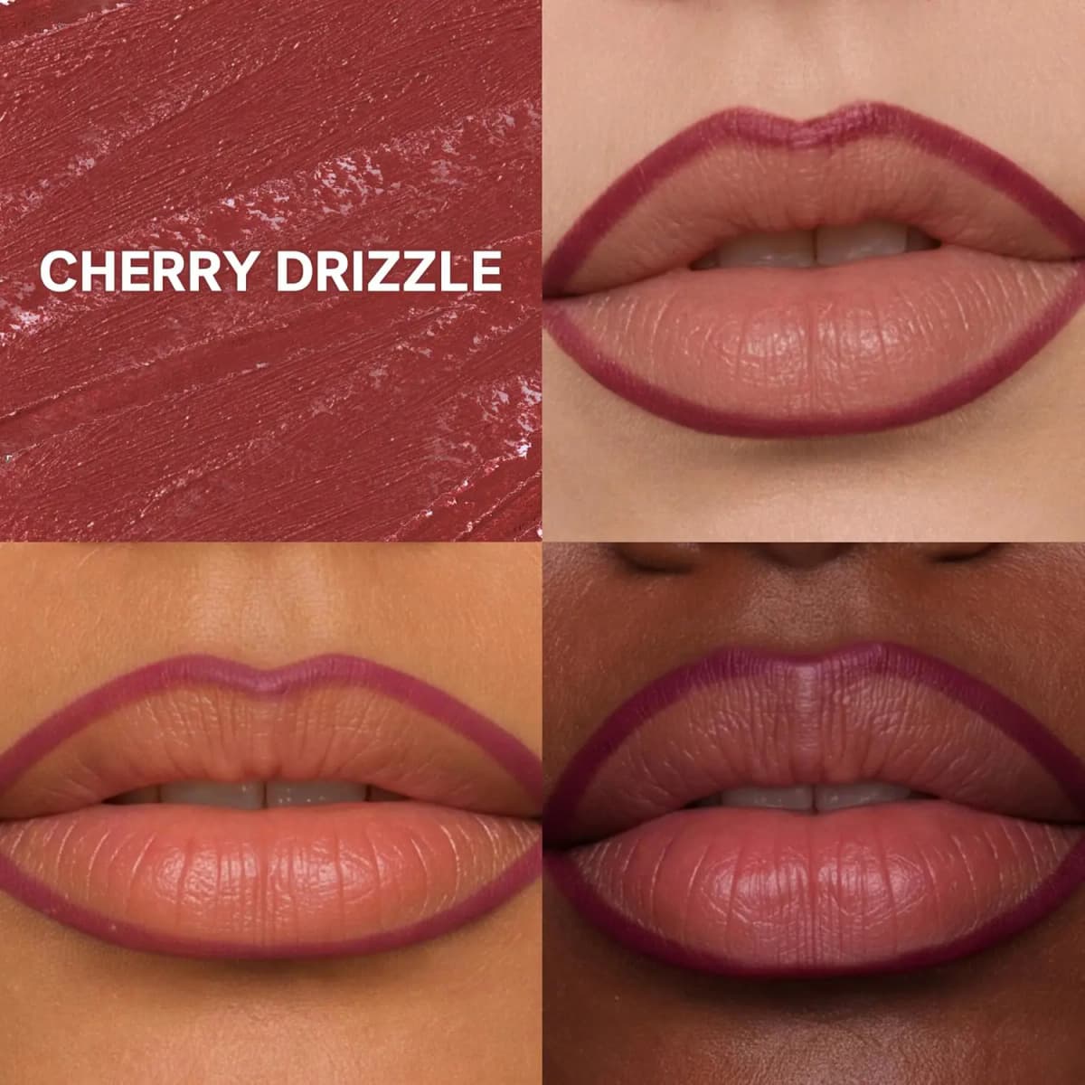 Cherry Drizzle swatch and three lip models showing berry-mauve shade on light, medium and deep skin tones
