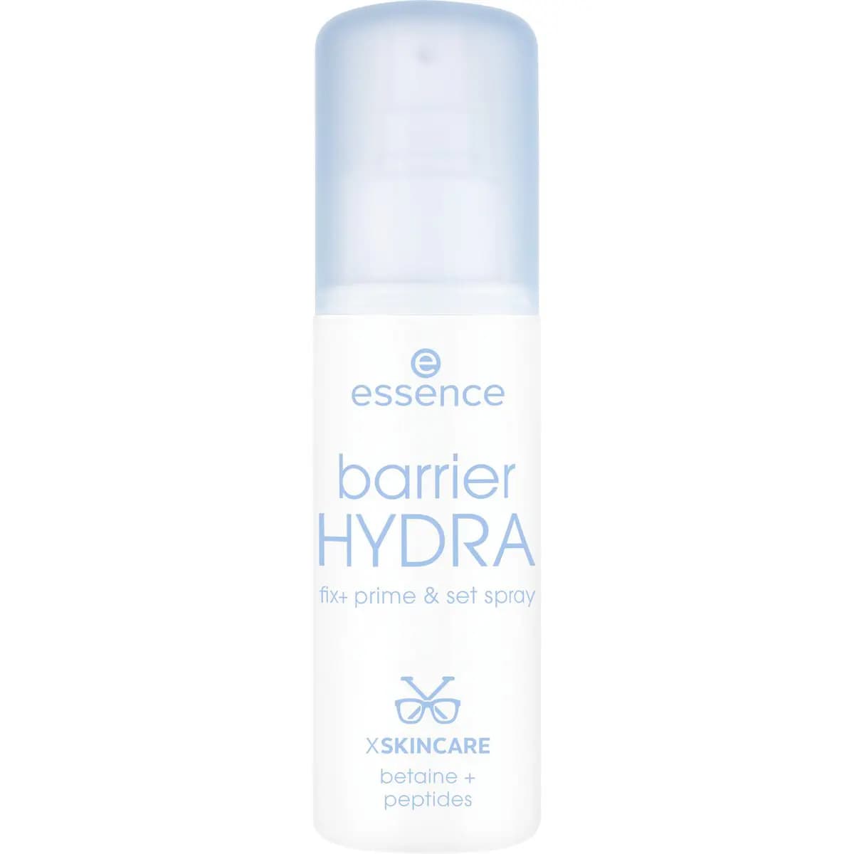 Barrier HYDRA fix+ prime & set spray in a white bottle with frosted blue cap, labelled betaine + peptides