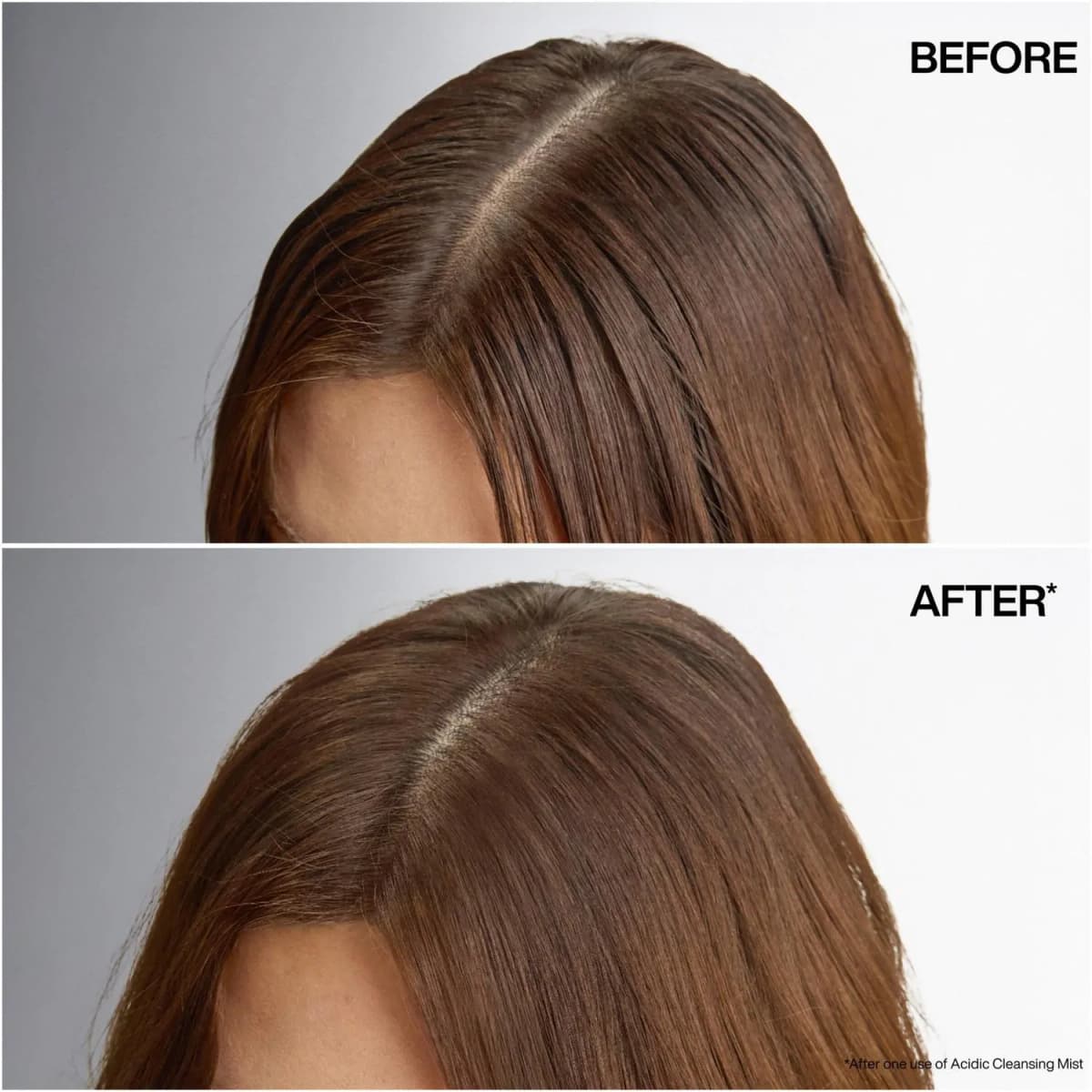 Before and after close-up of a brown-haired parting, flat and greasy at the roots, then lifted and fresher