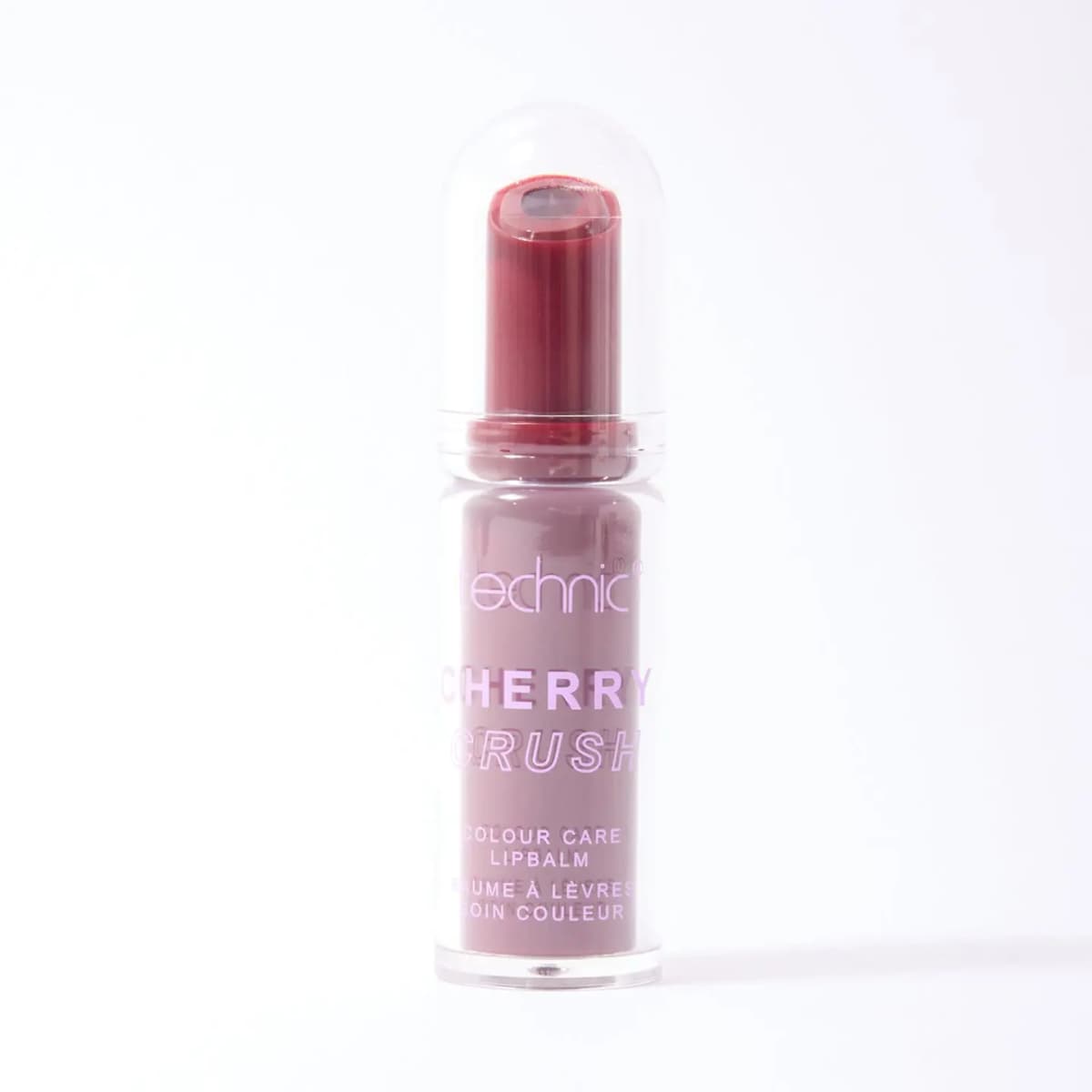 Cherry Crush colour care lip balm in a clear capsule case showing a deep red bullet on white