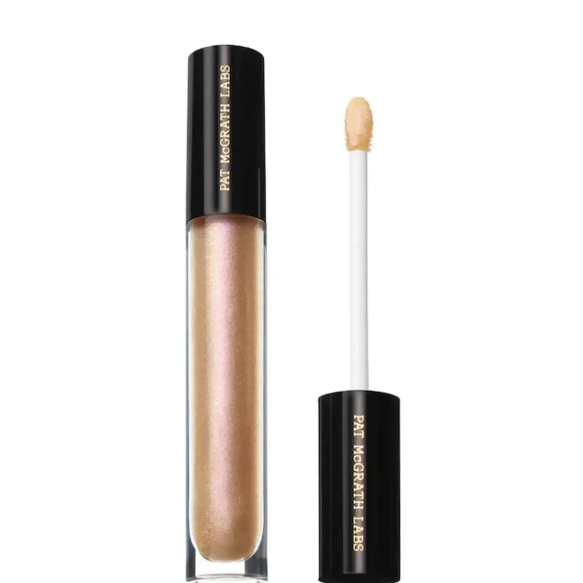 Earth Angel champagne gloss with pink shimmer, tube shown open with a pale gold applicator