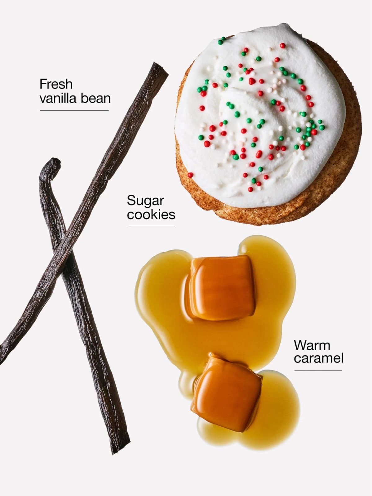 Scent notes shown as vanilla beans, a frosted sprinkle-topped sugar cookie and warm caramel cubes in syrup