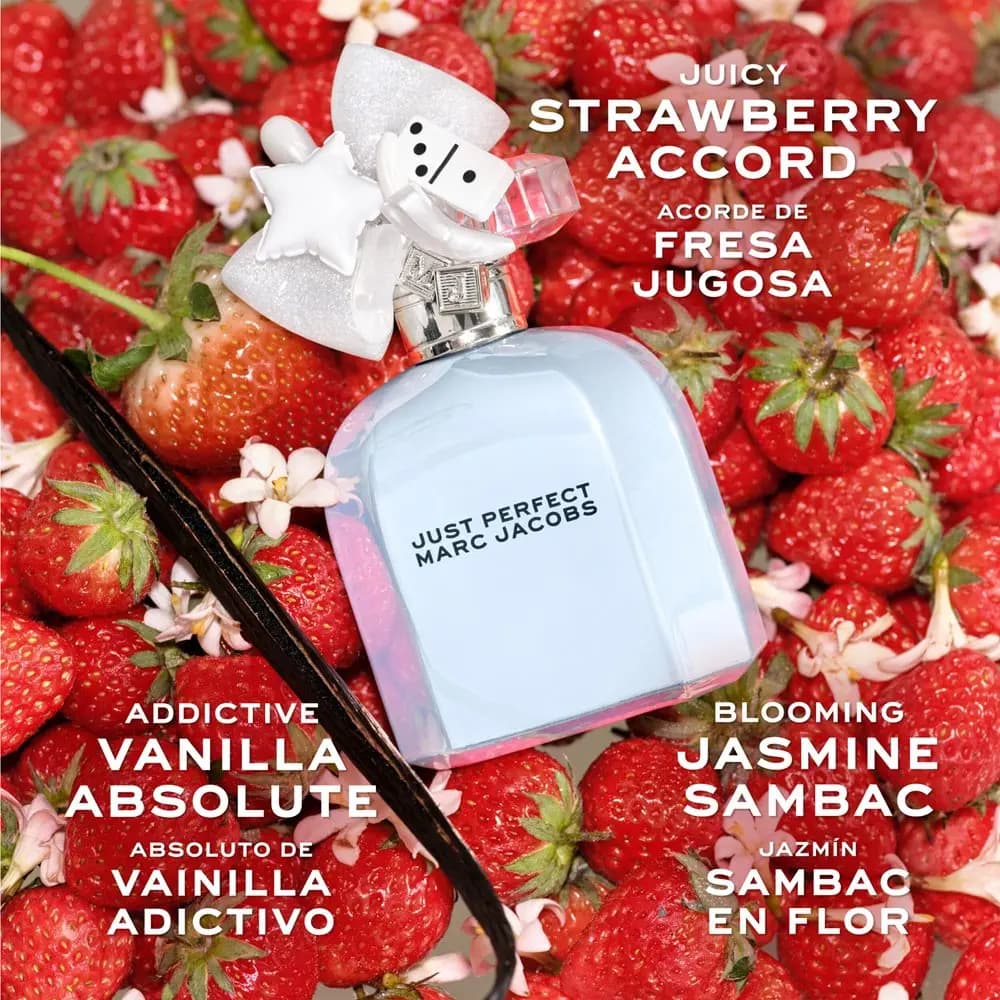 Just Perfect bottle on strawberries with vanilla pod and white flowers, labelled strawberry, vanilla and jasmine sambac