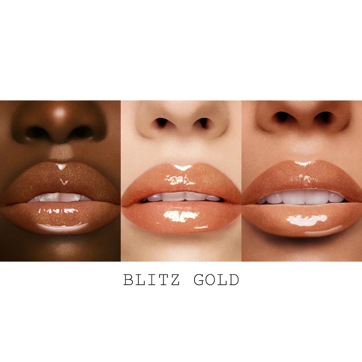 Blitz Gold gloss swatched on three lip tones, deep, fair and medium, showing glossy finish with gold flecks