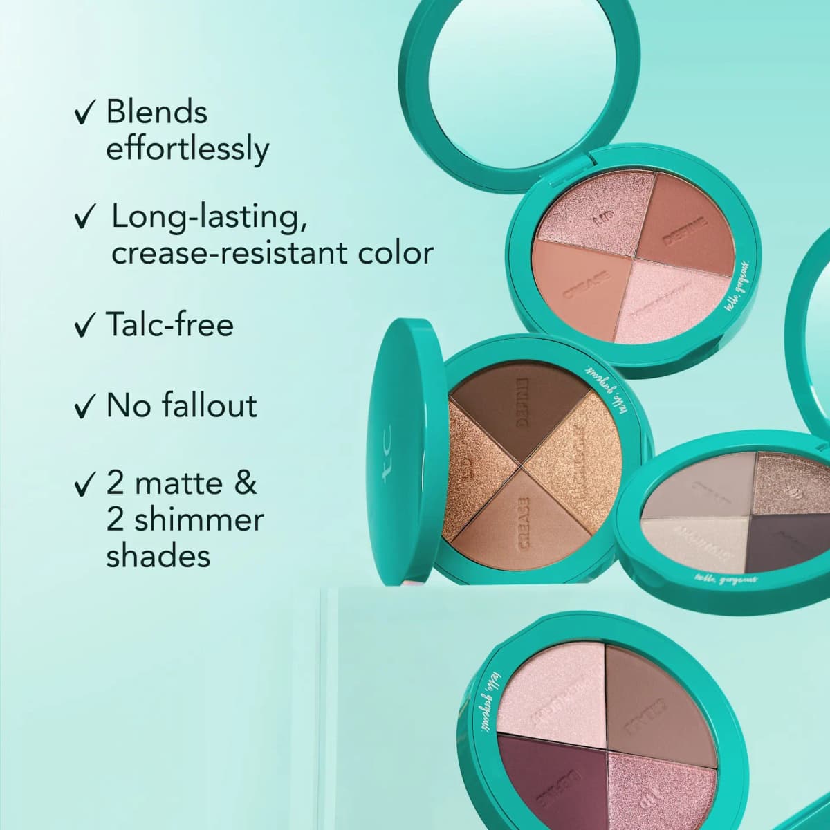 Four Focus palettes in pink, bronze, grey and plum on mint, beside claims: talc-free, no fallout, 2 matte and 2 shimmer.