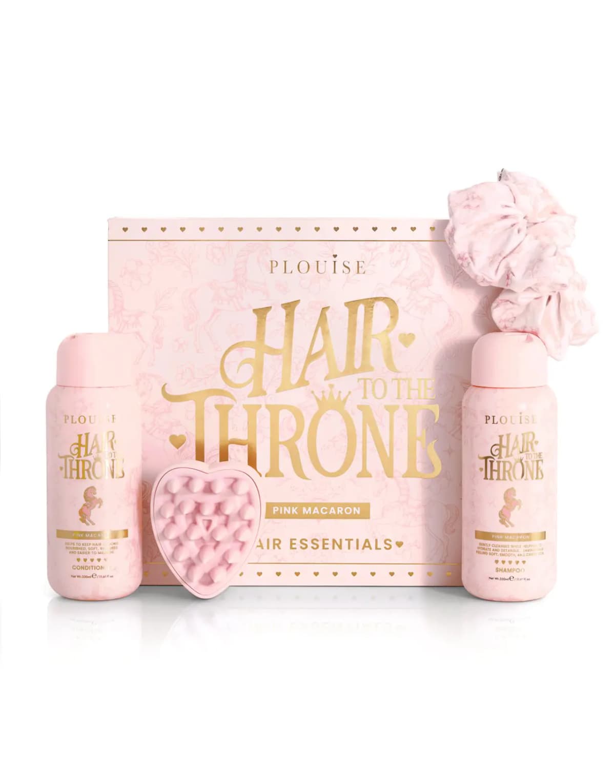 Hair To The Throne Pink Macaron set with shampoo, conditioner, heart scalp brush and pink scrunchie