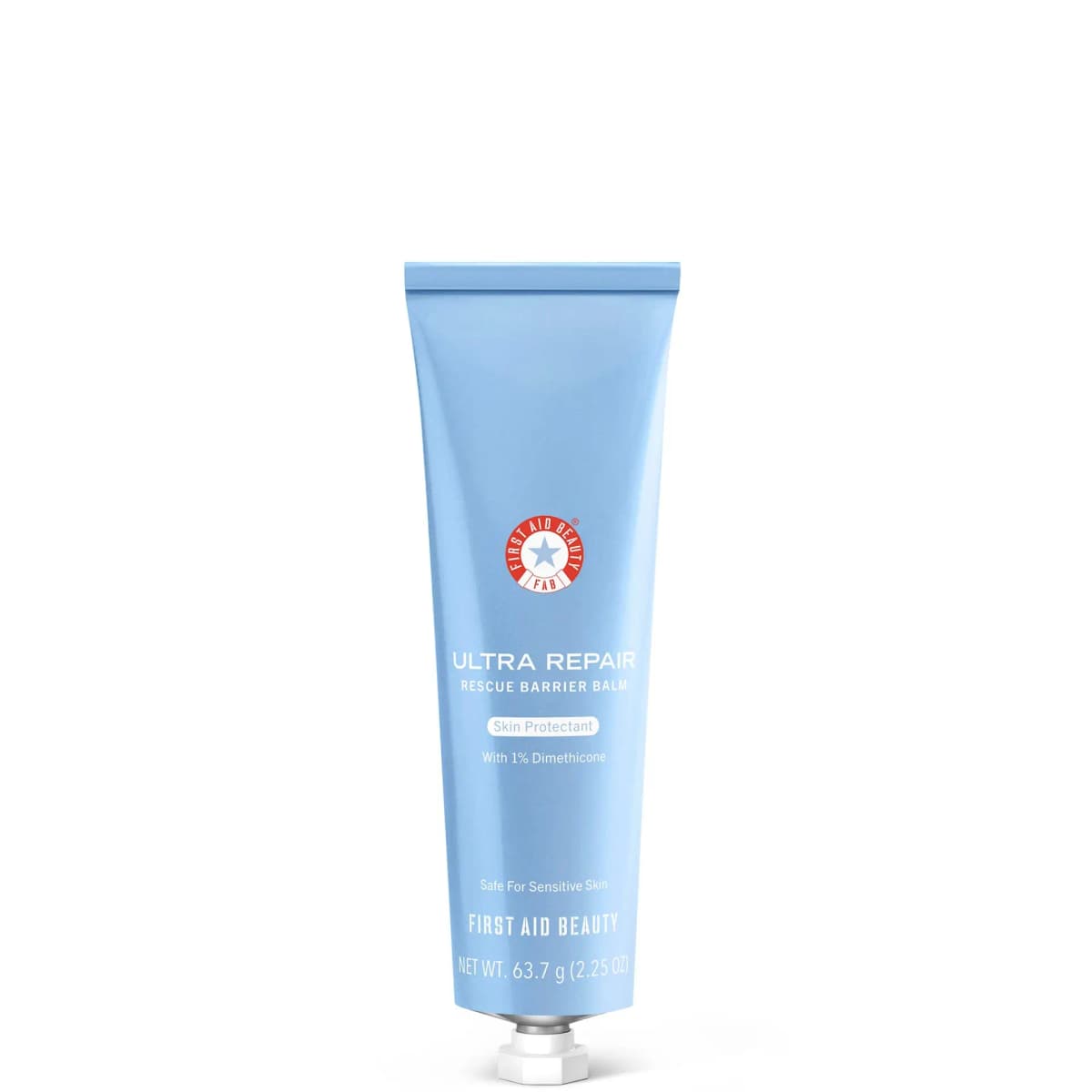 Light blue First Aid Beauty Ultra Repair Rescue Barrier Balm tube, 63.7g, with red star logo and white cap