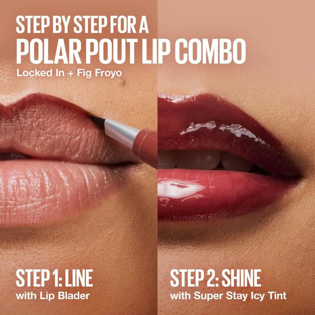Two-step lip look: lining with Lip Blader, then glossy Fig Froyo shine over Locked In liner