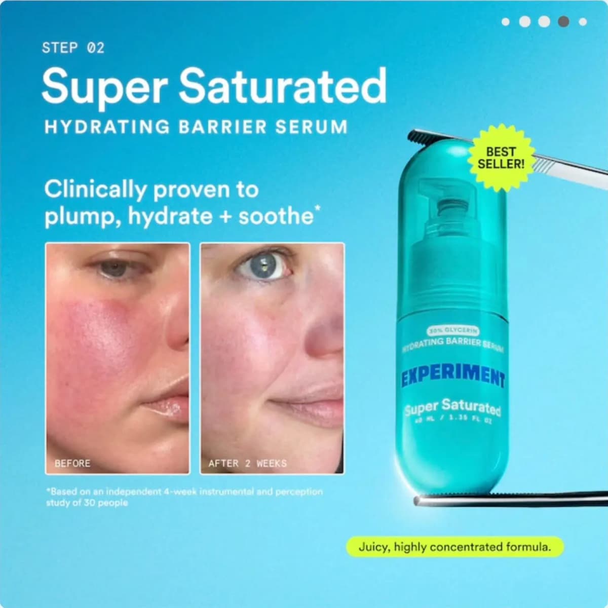 Teal Super Saturated serum bottle held by tweezers next to before and after photos of a reddened cheek