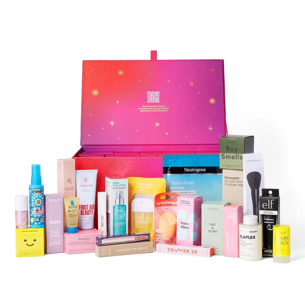 Opened Amazon Beauty calendar surrounded by all 25 products, including Neutrogena, e.l.f., Olaplex, Tower 28 and touchland