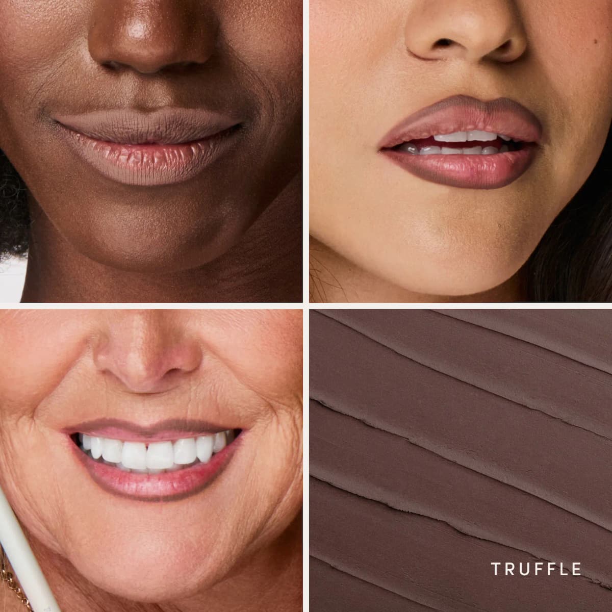 Three lip close-ups across skin tones wearing Truffle brown liner, plus a smooth cool brown Truffle swatch.