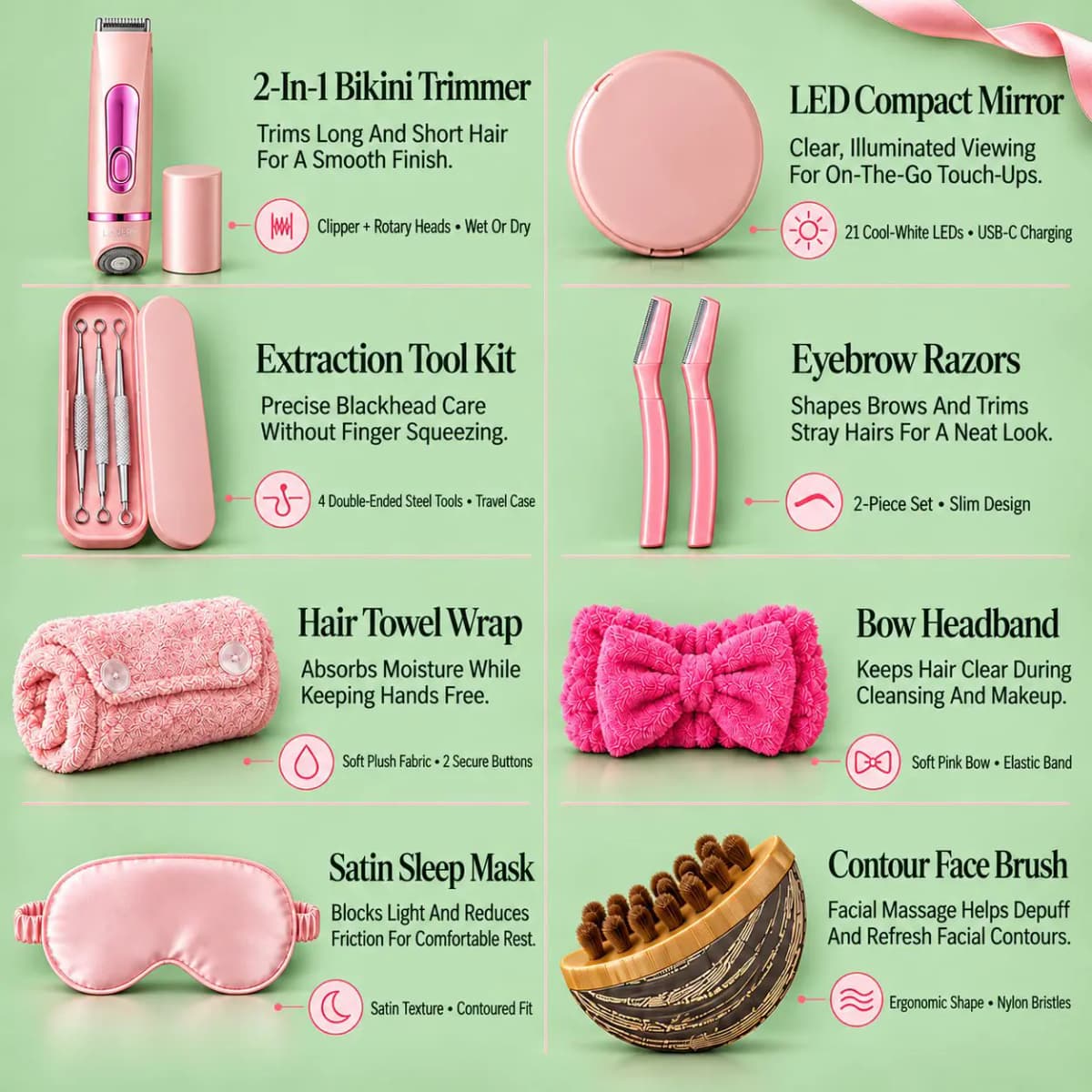 Labelled guide to bikini trimmer, LED mirror, extraction kit, brow razors, towel wrap, headband, sleep mask, brush