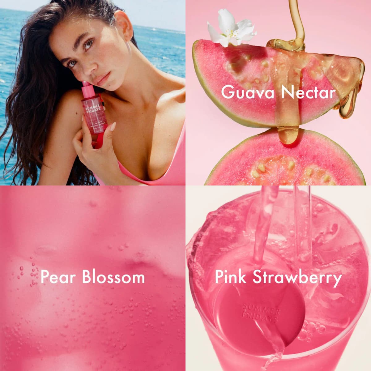 Pink Guava scent grid: model holding a pink mist by the sea, guava with honey, pear blossom fizz and pink strawberry drink.