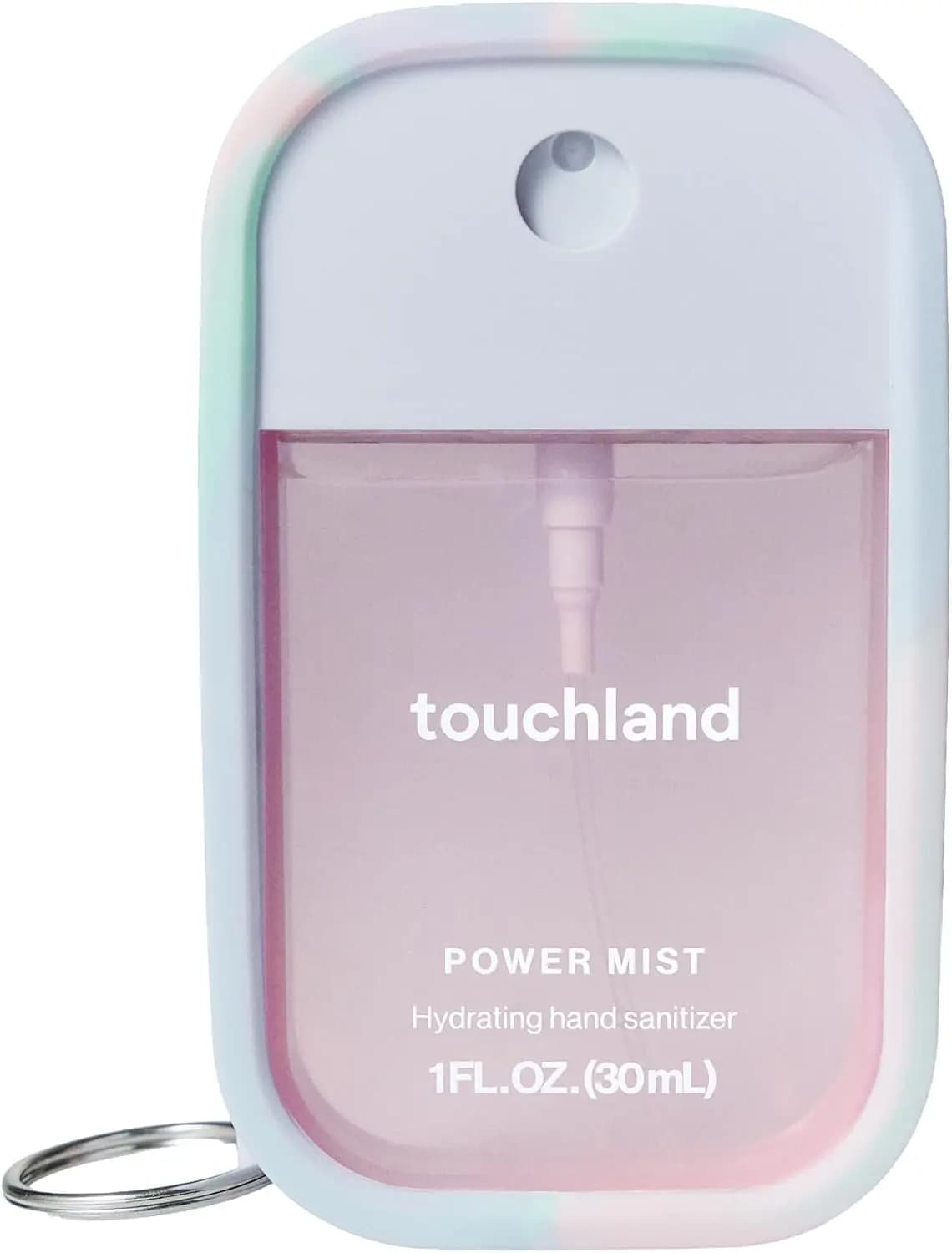 Close-up of Touchland Power Mist 1 fl oz hydrating hand sanitizer in pink and lavender marbled silicone case with keyring