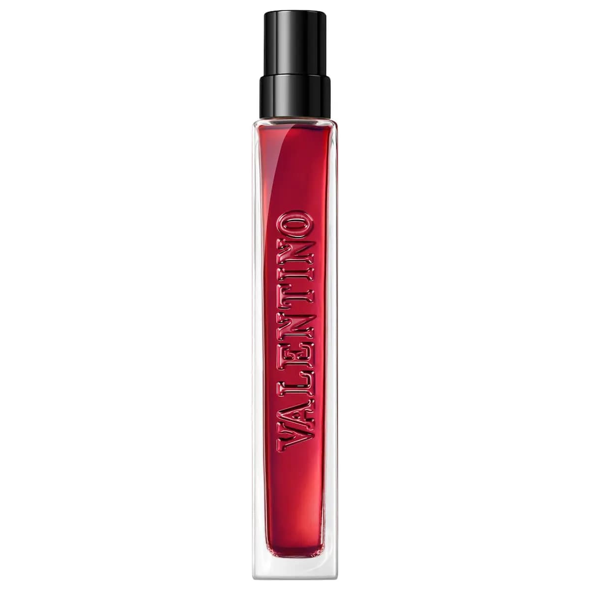 Slim red travel spray with Valentino embossed vertically on the glass and black cap