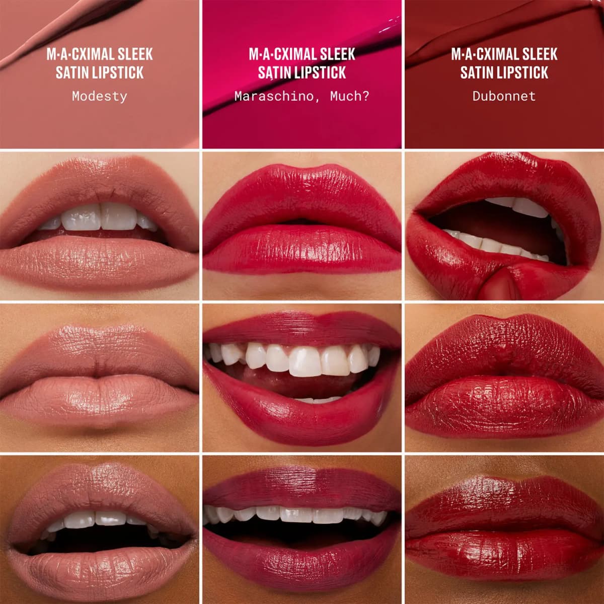 Grid of lips on varied skin tones wearing Modesty, Maraschino, Much? and Dubonnet beneath colour texture tiles