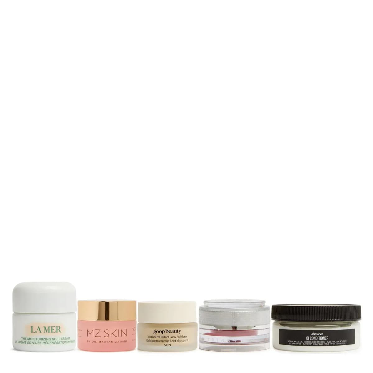 Five jars: La Mer soft cream, MZ Skin, goop beauty exfoliator, a clear lip jar and Davines OI Conditioner