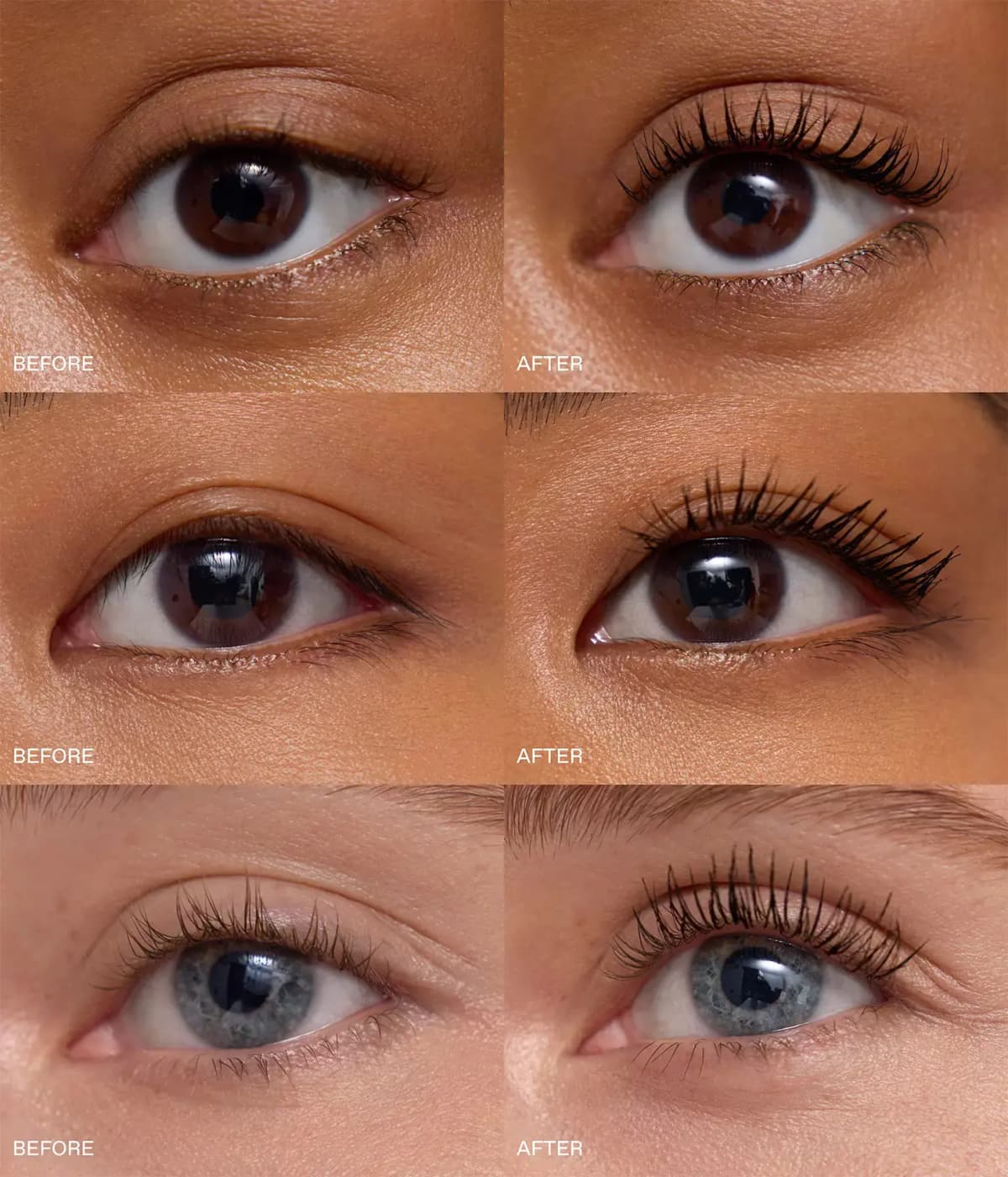 Three before-and-after eye pairs showing lashes lengthened and darkened with black mascara