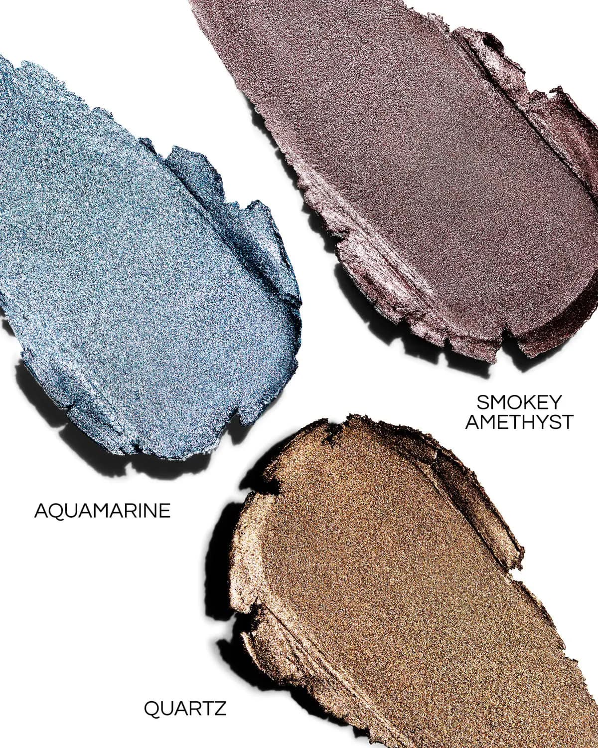 Creamy smeared swatches of Aquamarine silver-blue, Smokey Amethyst mauve and Quartz golden bronze