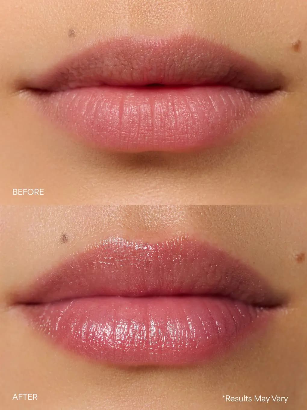Before-and-after close-up of pink lips, bare and matte on top, glossy with sheer silver shimmer after applying the balm