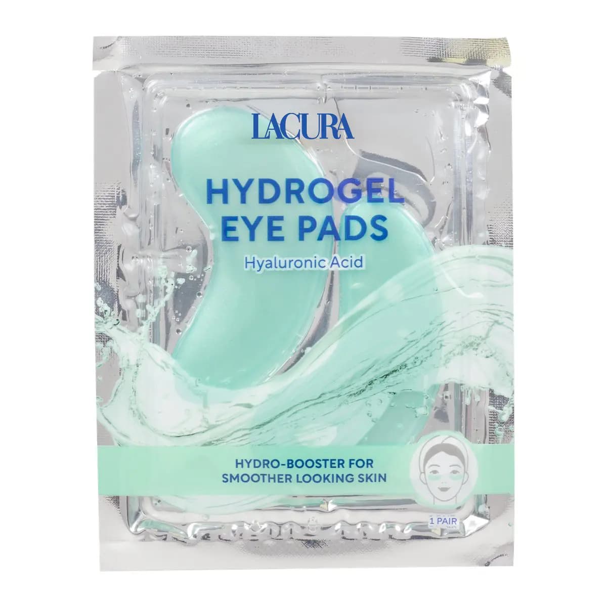 Silver foil pack of Lacura Hydrogel Eye Pads with hyaluronic acid, showing two mint-green under-eye patches