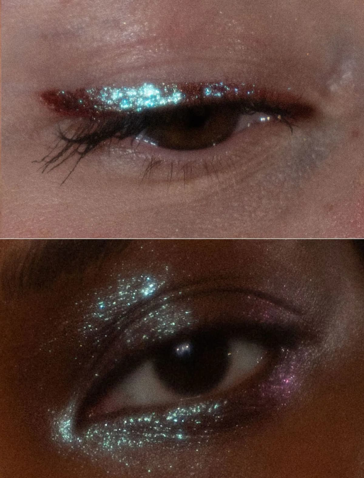 Aqua glitter on a burgundy lid line on fair skin above; teal sparkle and pink inner corner on deep skin below