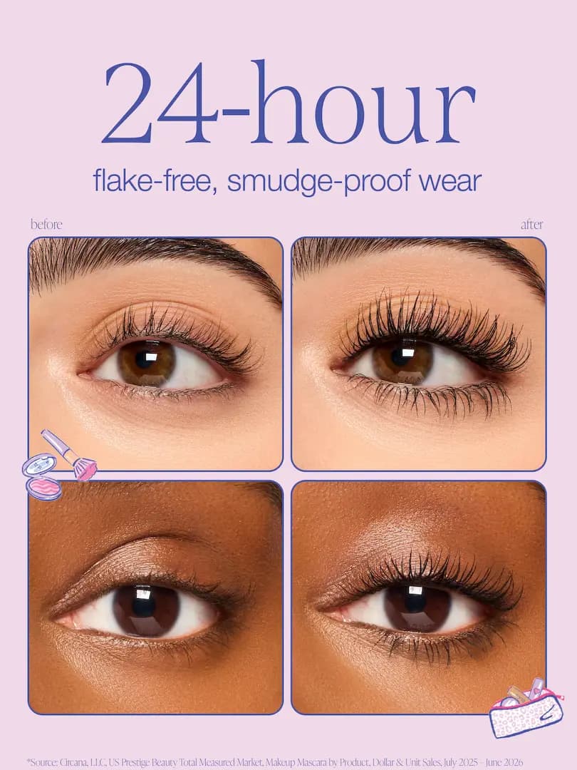 24-hour flake-free, smudge-proof wear graphic with before and after lash close-ups on two eyes