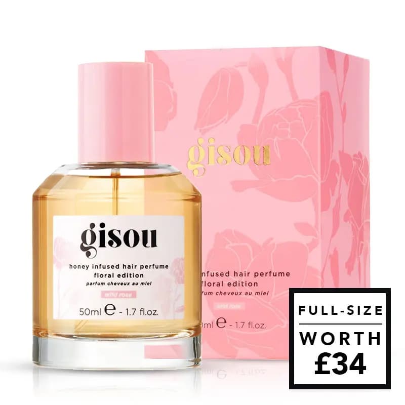 Gisou honey infused hair perfume floral edition 50ml bottle beside a pink floral box, full-size worth £34