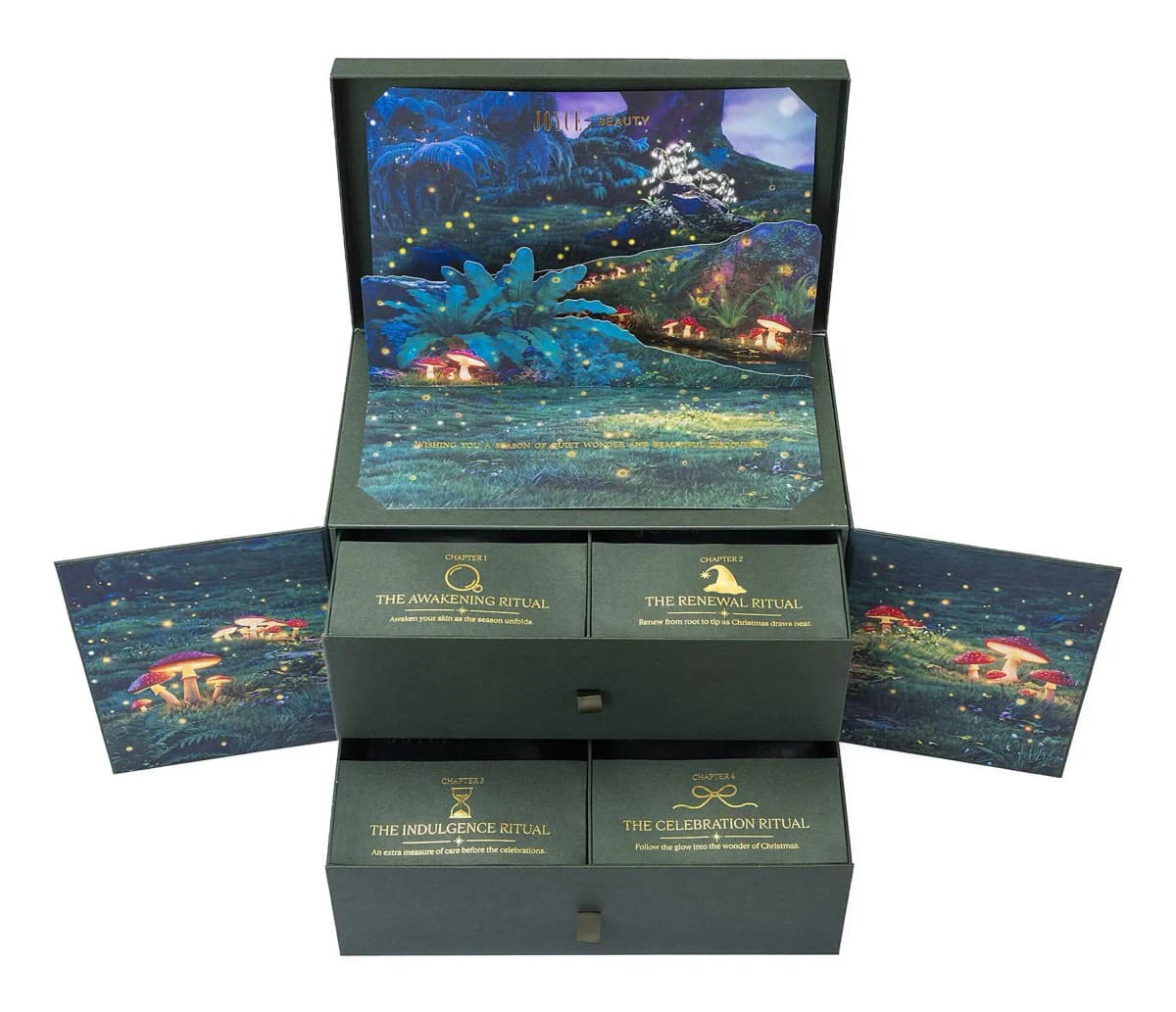 Open green chest with pop-up mushroom forest card and four gold-foil Chapter pouches labelled as rituals in two drawers