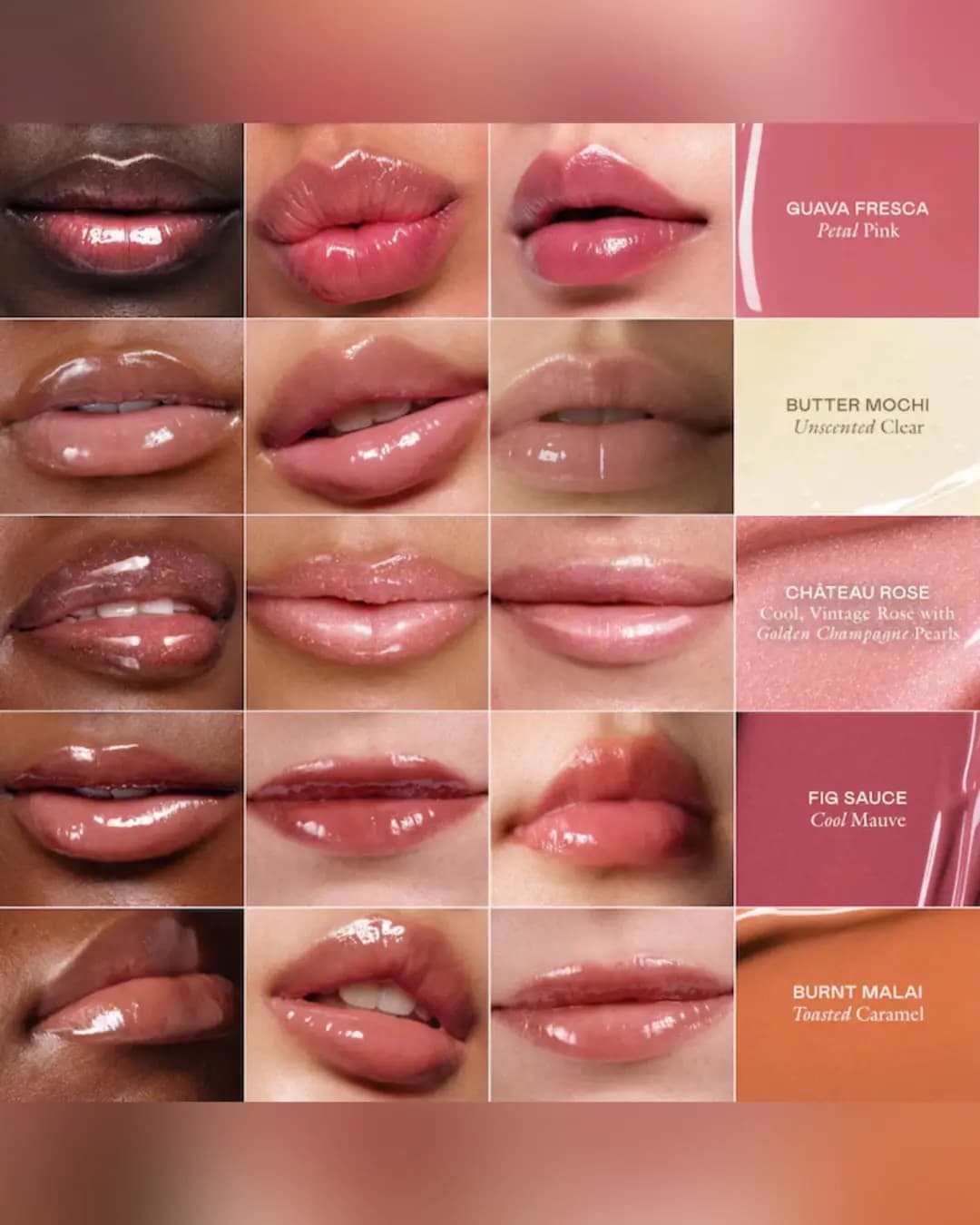 Grid of glossy lips on three skin tones for each of the five shades, with labelled colour tiles on the right