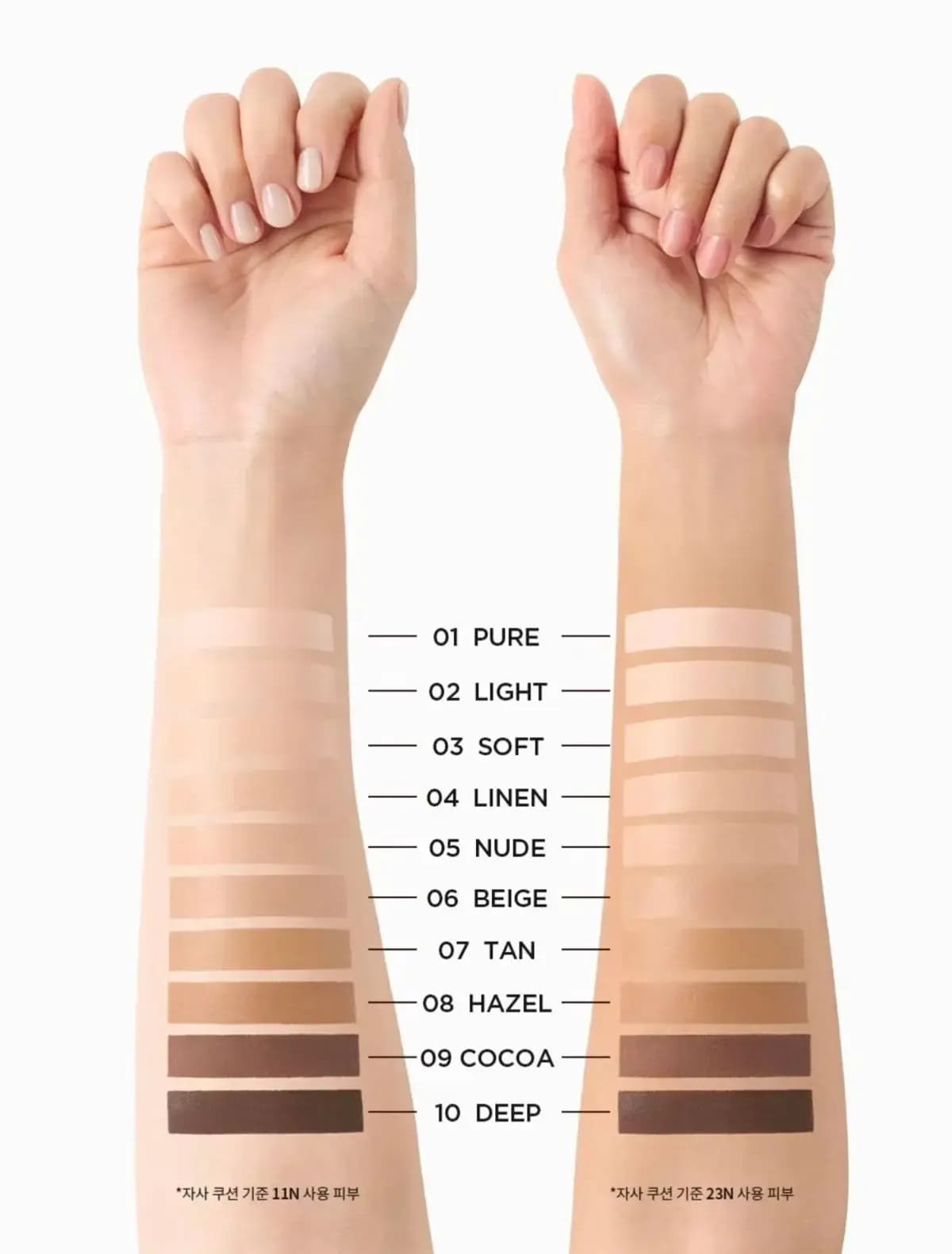 Two forearms swatched with ten shades from 01 Pure to 10 Deep, ranging from pale ivory to deep brown