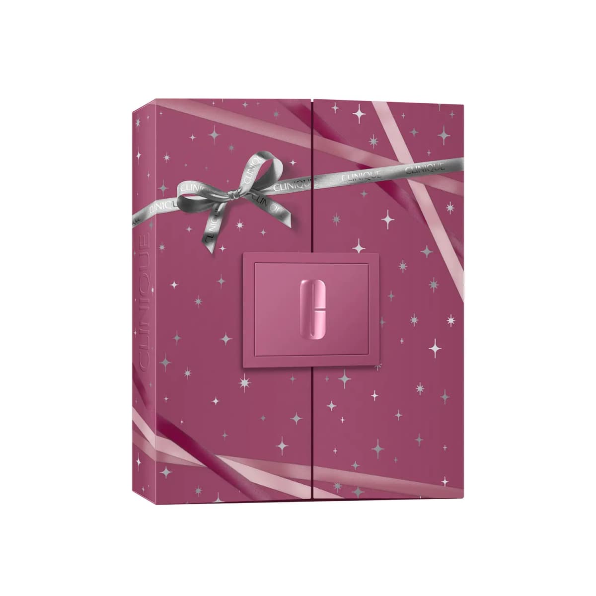 Closed Clinique advent calendar box in berry pink with silver stars, pink ribbons and an embossed C logo tab
