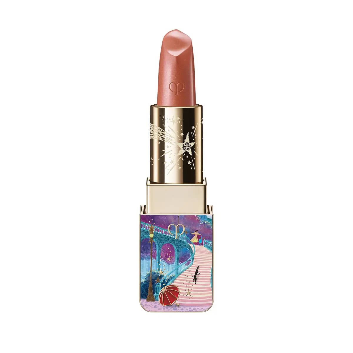 Lipstick 528 Rosy Raindew in shimmering rosy nude, with a star-engraved gold tube and a staircase scene on the cap
