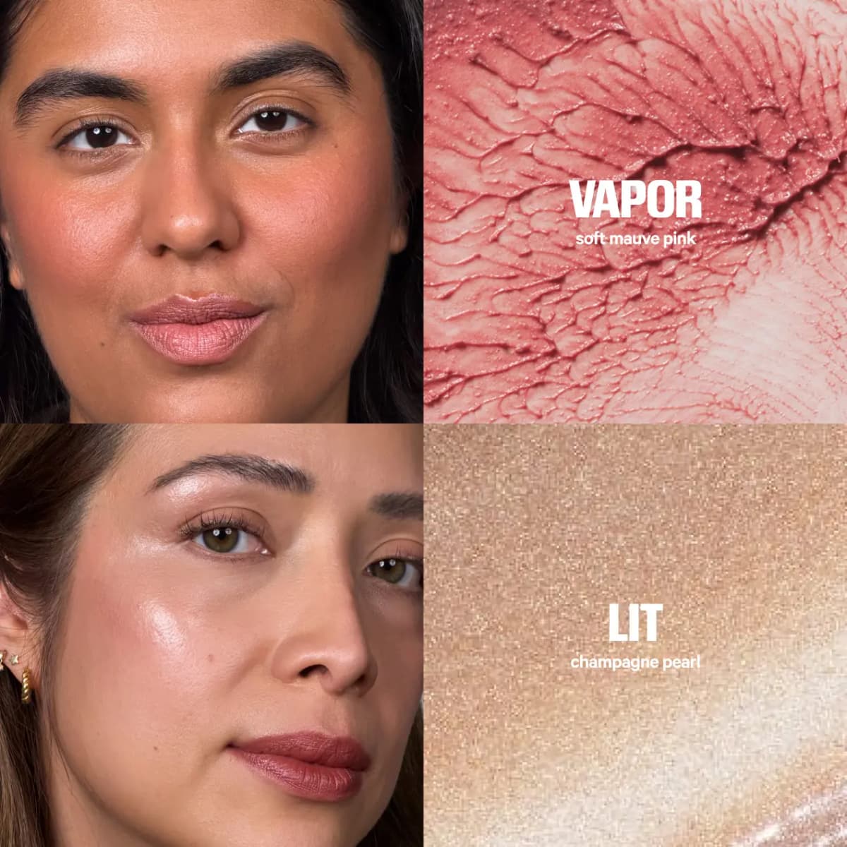Models wearing Vapor soft mauve pink on lips and cheeks and Lit champagne pearl glow on cheekbones