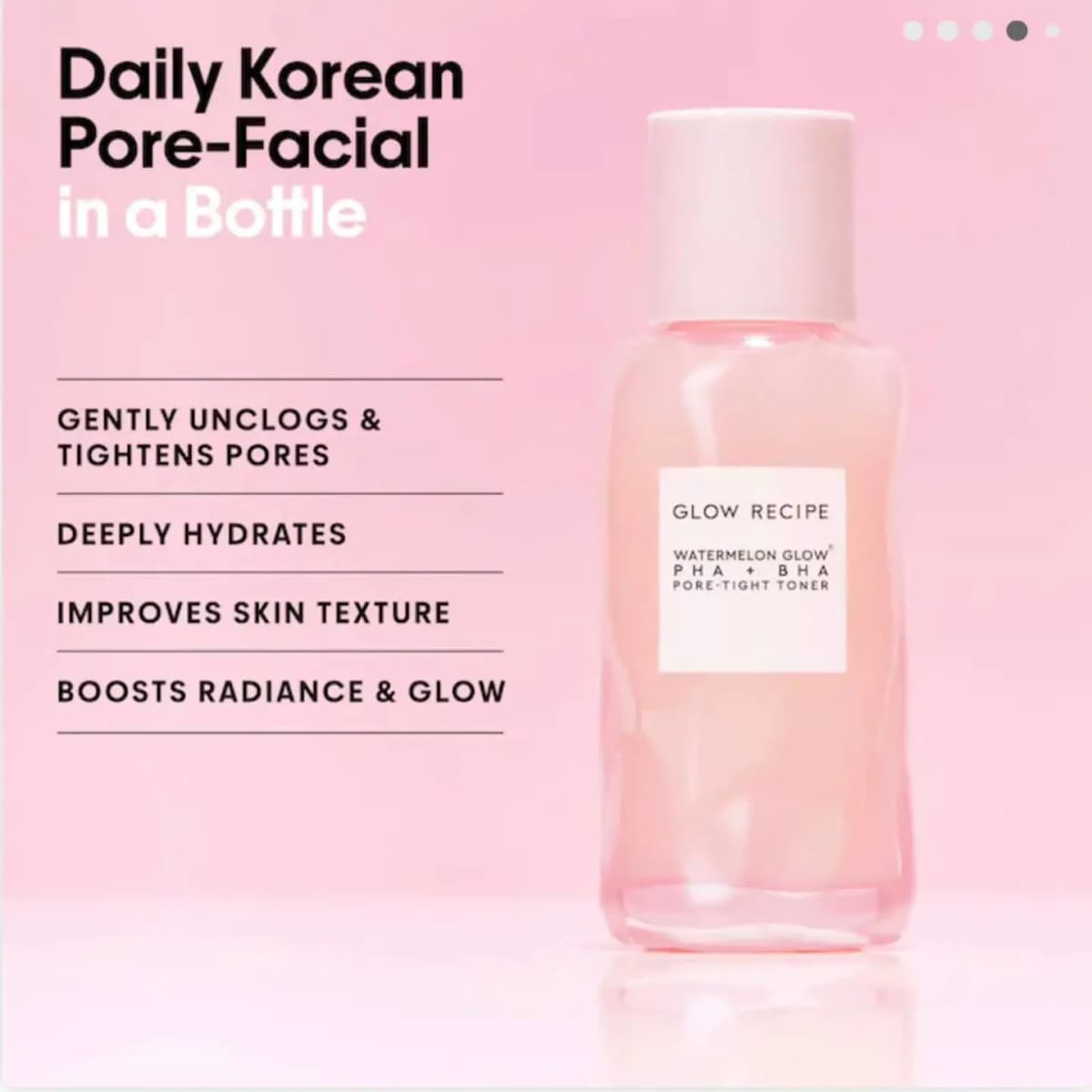 Pink bottle of Watermelon Glow PHA + BHA Pore-Tight Toner beside benefits like unclogs pores and boosts glow