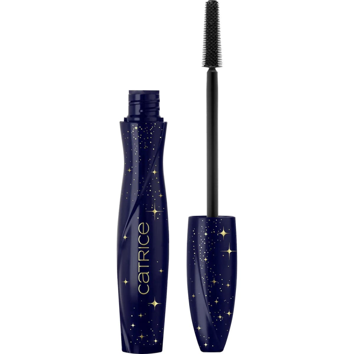 Glam & Doll Volume Mascara in a navy tube with gold star print beside its black brush wand