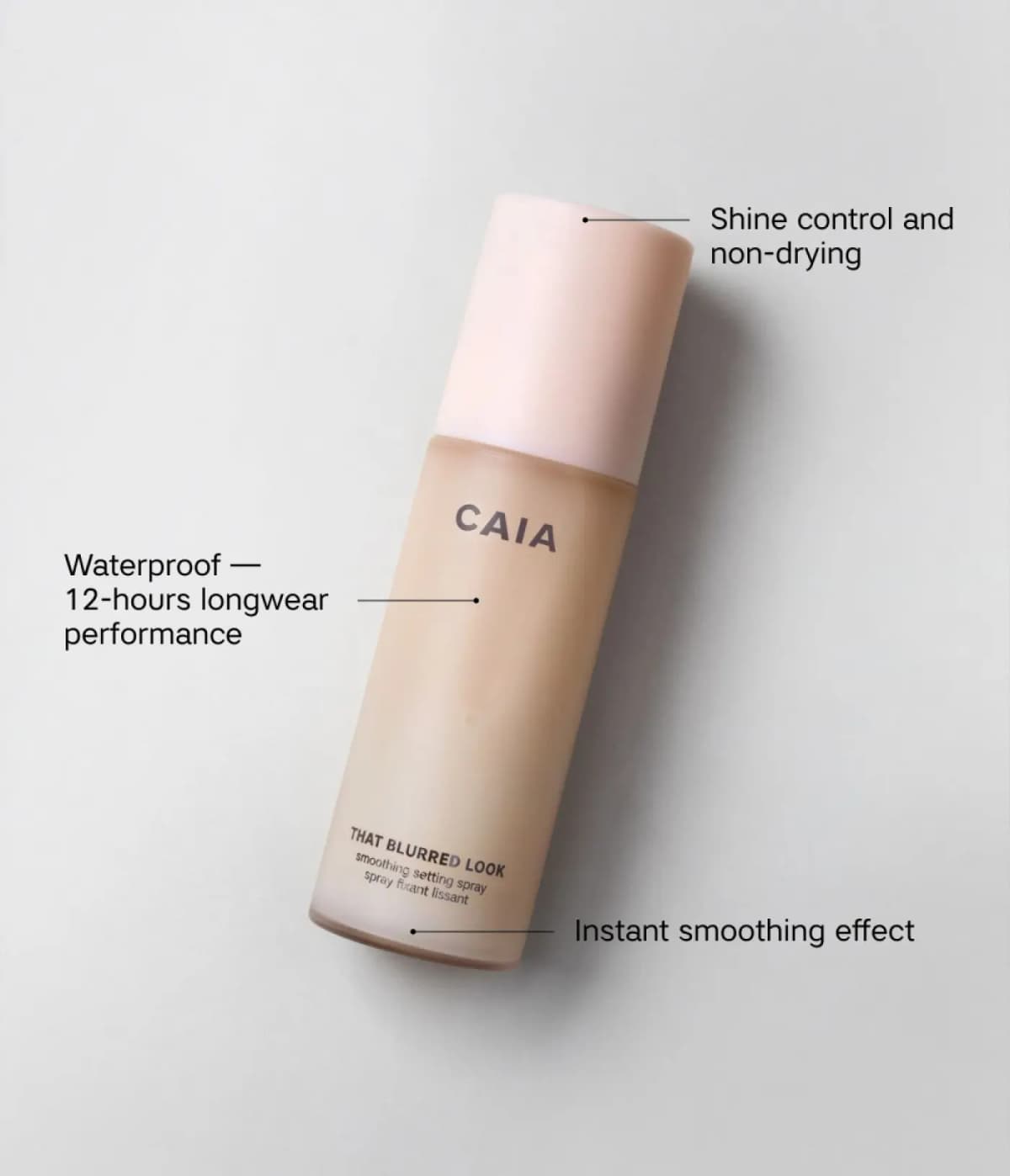 Angled CAIA That Blurred Look bottle labelled with shine control, waterproof 12-hour wear and instant smoothing claims