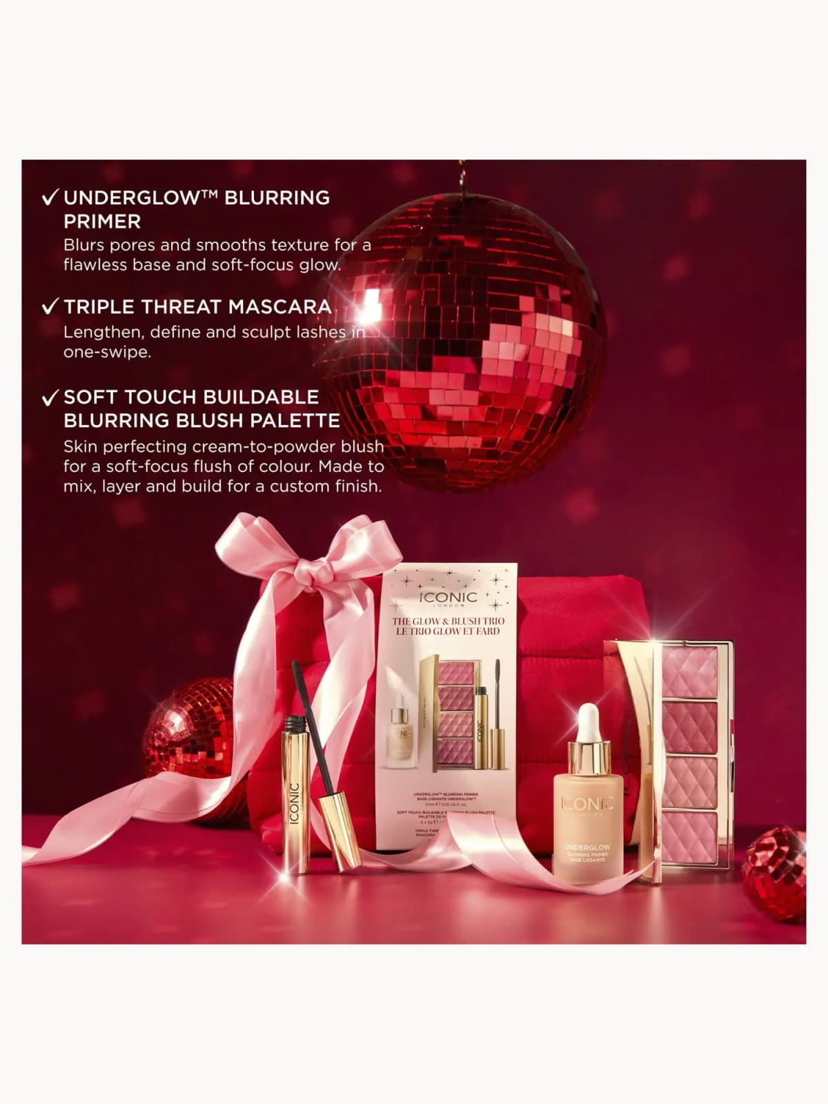 Red disco ball scene featuring Glow & Blush Trio pouch and blush palette with text describing primer, mascara