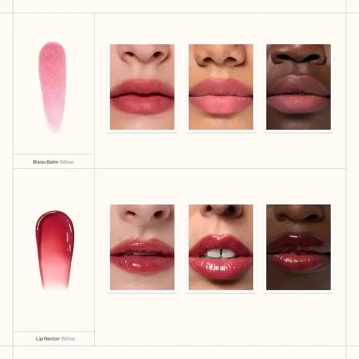 Bêtise swatches of soft matte Bisou Balm and glossy red Lip Nectar shown on three different skin tones.